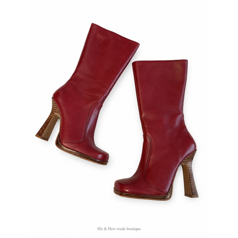 Steve Madden Dark Red Leather Mid Calf Boots Chunky Block Heels Size 6